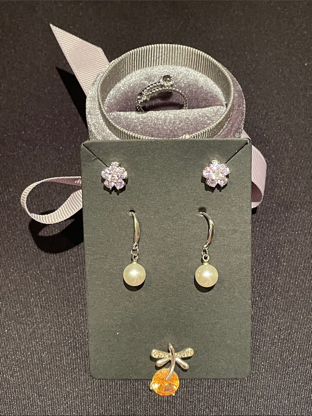 925Silver Pearl Drop Earrings and Crystal Stud Set White Pearls & Pink Crystals